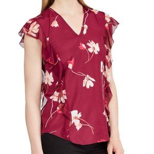 NWT LAUREN Burgundy Floral Ruffled Sleeveless Top